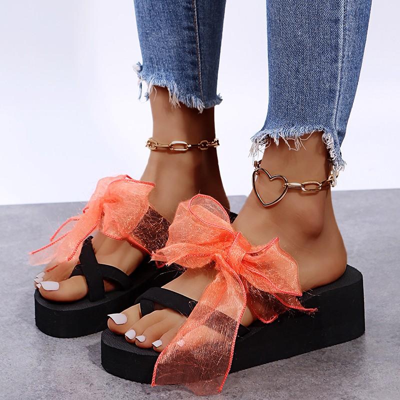 

Fashion Women s Slope Heel Sandals Summer New Round Head Set Toe Butterfly Knot Thick Sole Anti-slip Wear Slippers 42