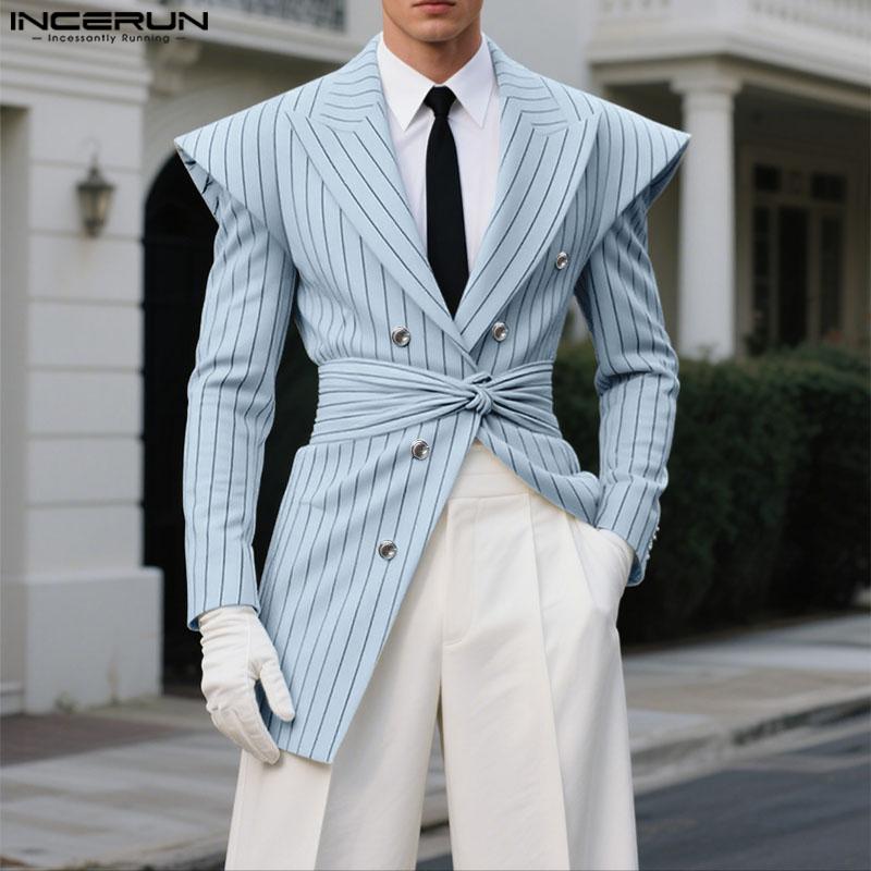 INCERUN Spring Autumn Men Long Sleeve Striped Twisted Waist Thin Blazer Coats