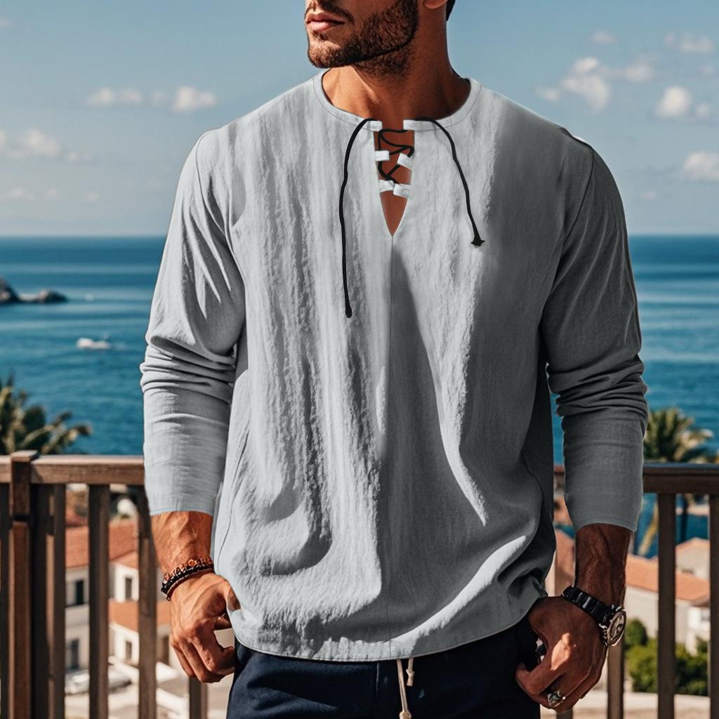 Herbst Langarm Locker Geschnitten Mit Bindung Vorne V-Ausschnitt Herren Einfarbig Baumwolle-Leinen Strandhemd