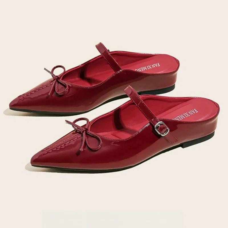 

Мода Мода Остроносые Босоножки-балетки с бантом Женские Высококачественные Лакированные Кожаные Шлепанцы на Низком Каблуке Летние Элегантные Платье Zapatos De Mujer 40 красный
