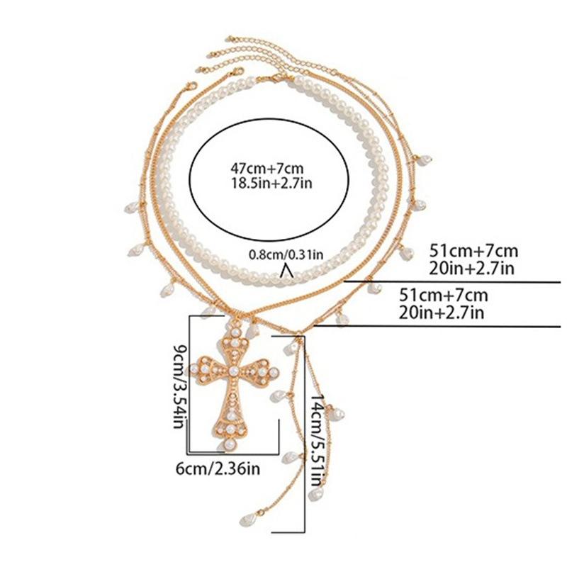 Colar Pingente Cruz Grande Estética Multicamadas Vintage Elegante Corrente Contas Pérola Imitação Mulher Choker Joia Y2K