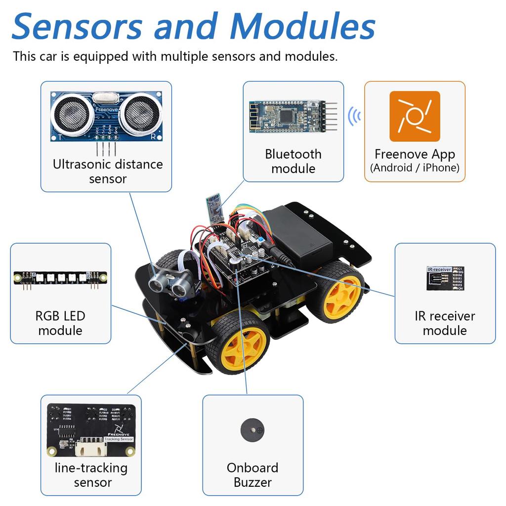 Freenove 4WD Car Kit IDE with Line Obstacle Ultrasonic and Wireless Control Motor Servos (Arduino Compatible) Tracking, Avoidance, Sensors,
