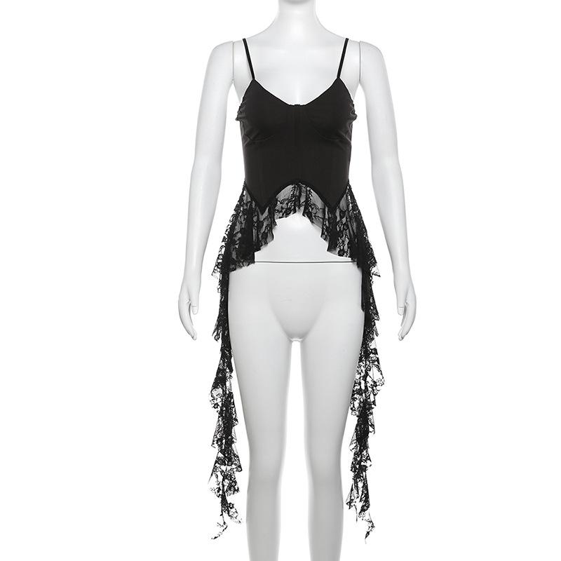 Summer Women Y2k Crop Tops Ladies Sleeveless Asymmetrical Ruffles Tank Top Lace Hem Slim Tanks Tops Shirts Streetwear