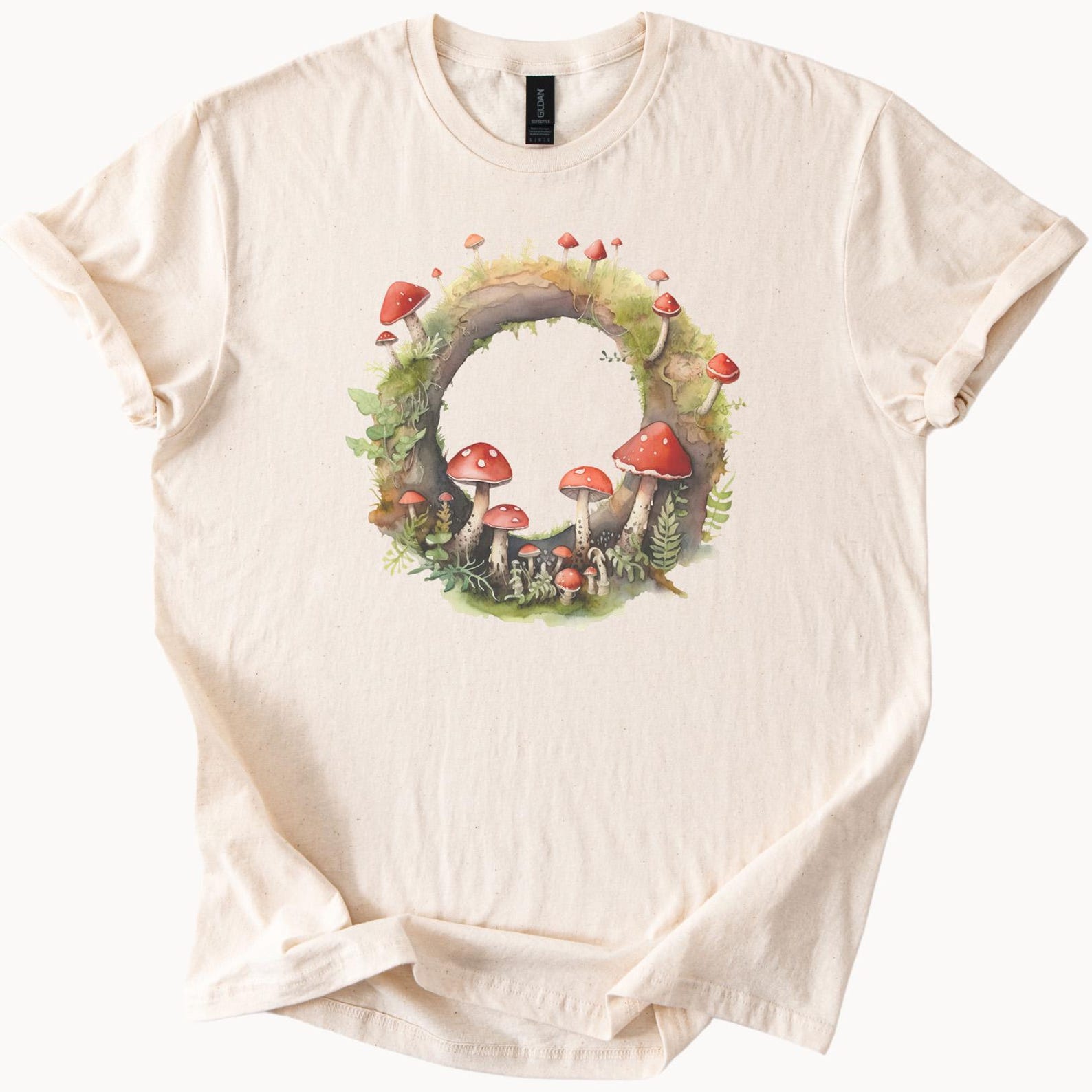 Mushroom Forest Circle Graphic T Shirt Nature Inspired Fungi Art Tee Botanical Woodland Aesthetic Cottagecore Shirt Nature Lover Gift 140
