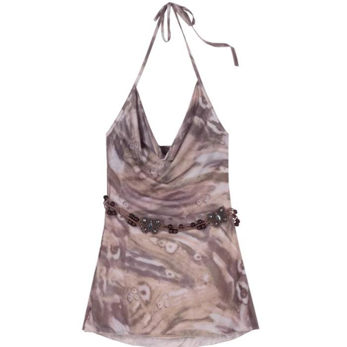 Tie-dye neck dress women s summer retro American waist skirt Spice girl sexy v-neck backless a-word skirt S