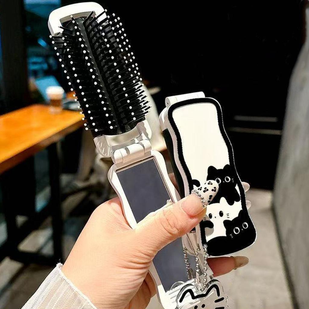 2 In 1 Creative Simple Foldable Cartoon Comb Portable Student Mini Cute Bangs Small Comb Soft Tooth Comb with Mirror