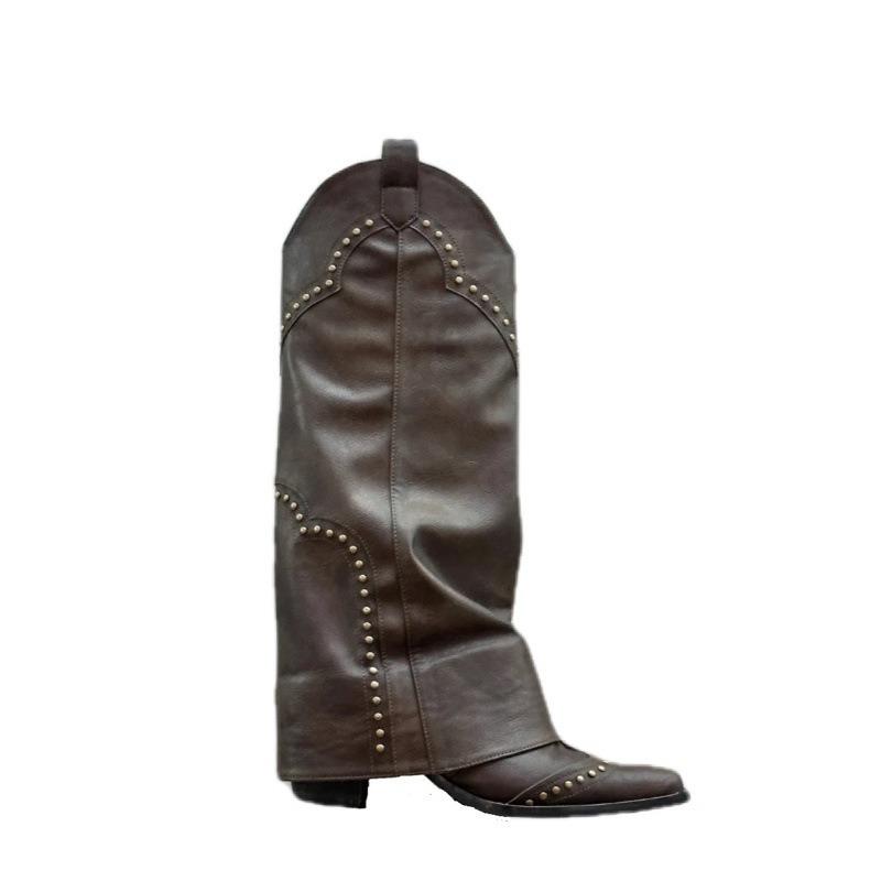 Cowhide Version~ Retro Riveted Trouser Tube Boots Versatile Pointed Western Cowboy Boots Thick Heel Side Zipper Boots Women