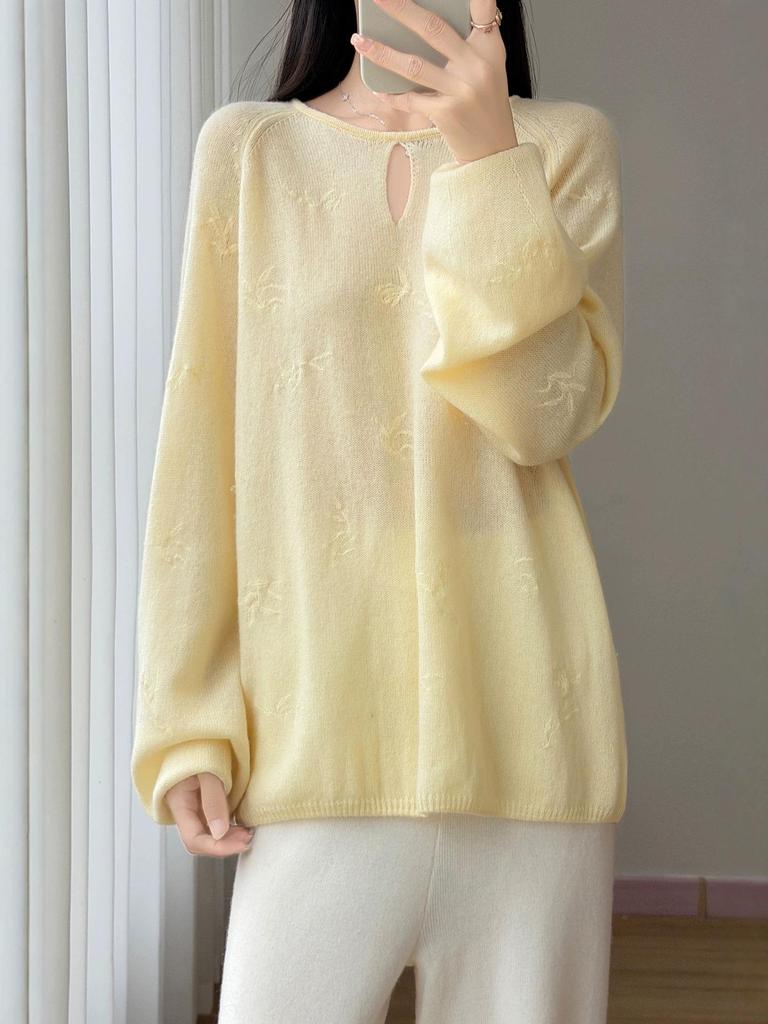 Women's Pure Wool Loose Pullover Sweater - Willow Leaf Embroidered Round Neck Knitwear