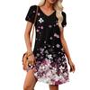 Women's Petal Short Sleeve V Neck Loose Flower  Print Swing Sundress With Pockets