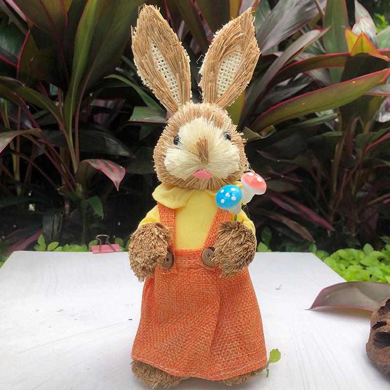 Easter Rabbit Decoration Straw Rabbit Ornament Creative Artificial Bunny Figure 25cm Home Holiday Cute with Flower Wreath