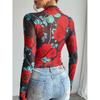 Women's Rose Print Sheer Mesh Bodysuit Mock Neck Long Sleeve See Through Bodysuits
