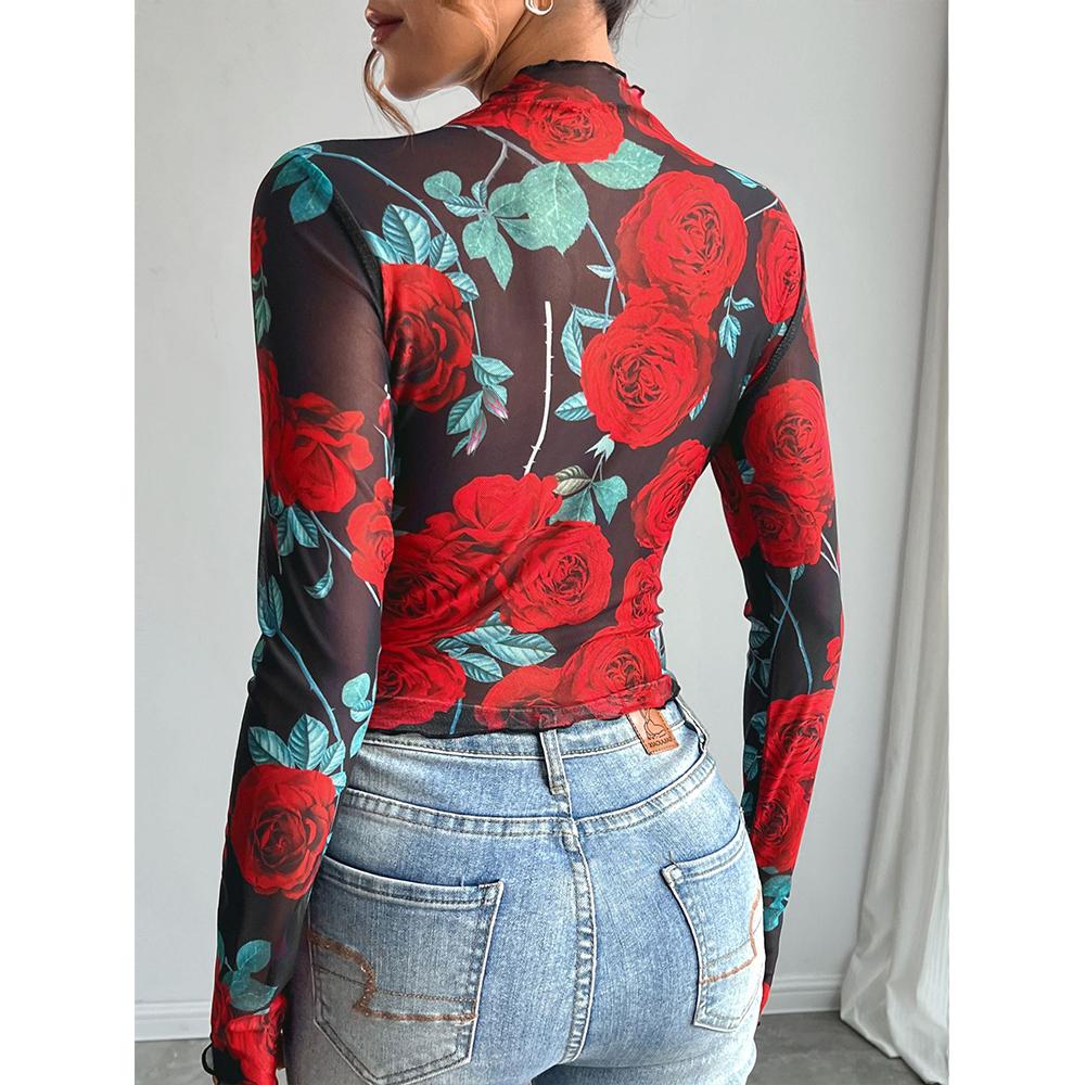 Women's Rose Print Sheer Mesh Bodysuit Mock Neck Long Sleeve See Through Bodysuits