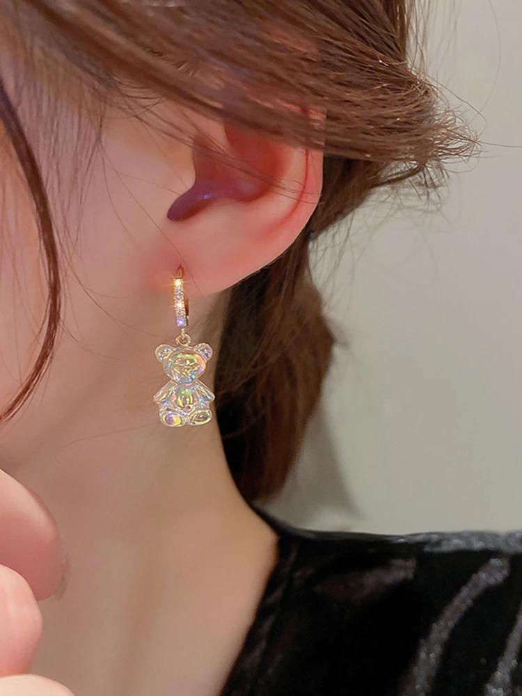 Cute Bear Earrings For Women Shiny Zircon Earrings 2024 New Trendy Golden Copper Drop Earring Party Wedding Zircon Girls Gifts