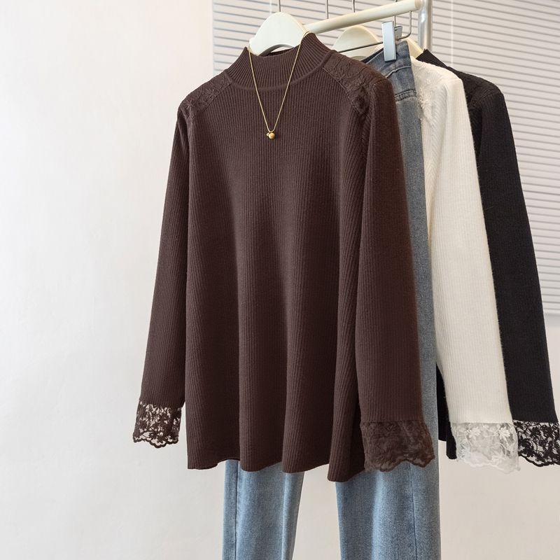 Women's Plus Size Base Shirt Lace Half Turtleneck Base Shirt Autumn Winter Solid Color Stretch Velvet Long Sleeve T-Shirt