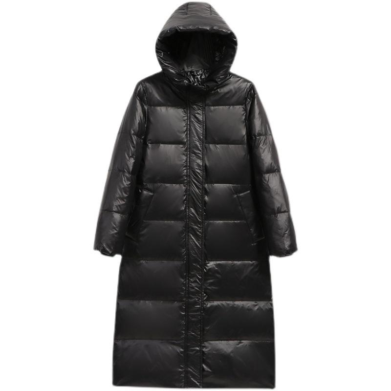 Women Loose Fit Long Hooded Padded Jacket Winter Coat White Duck Down Stand Collar Zipper Pocket Solid Color All Match