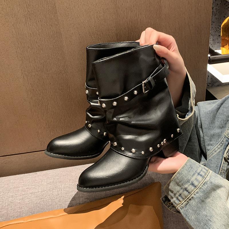 Pointed rivet short boots women's summer new black belt buckle stacking boots retro knight boots western style