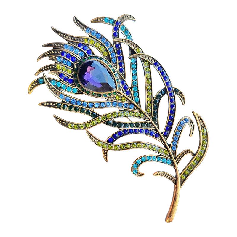 Elegant Colorful Peacock Feather Brooch with Rhinestones – Vintage Alloy Design for Men & Women