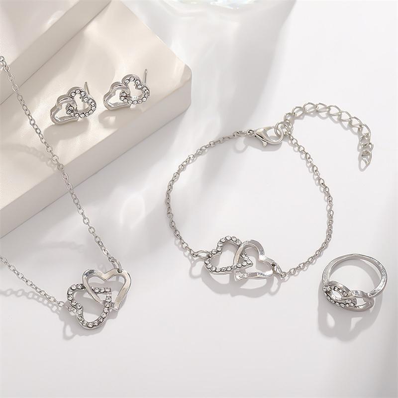 5PCS/Set Double Heart Shaped Jewelry Sets Of Ring Earrings Necklace For Women Rhinestone Wedding Jewelry