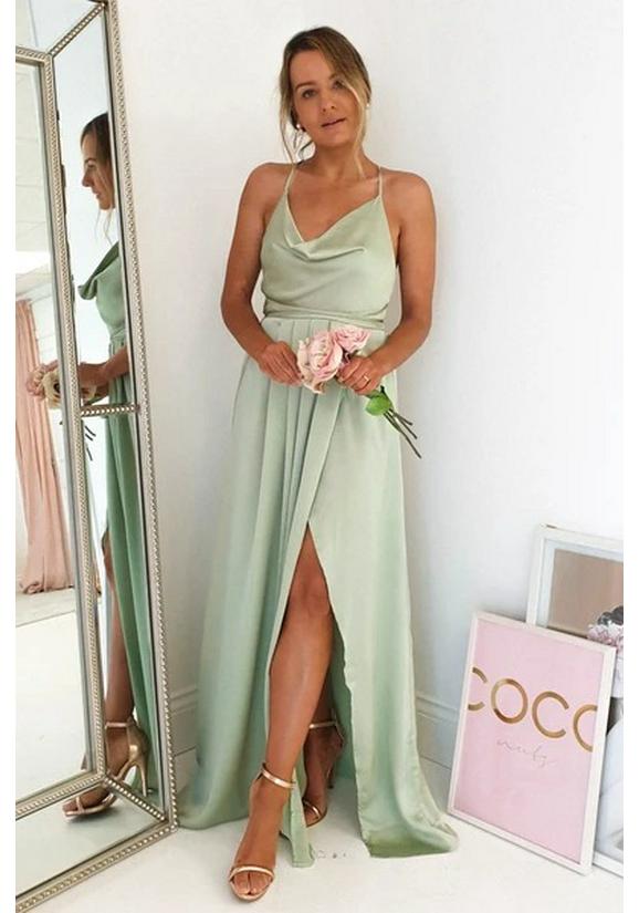 European and American Spaghetti Strap Evening Gown with Sexy Slit - New 2026 Women's Polyester Fashion
