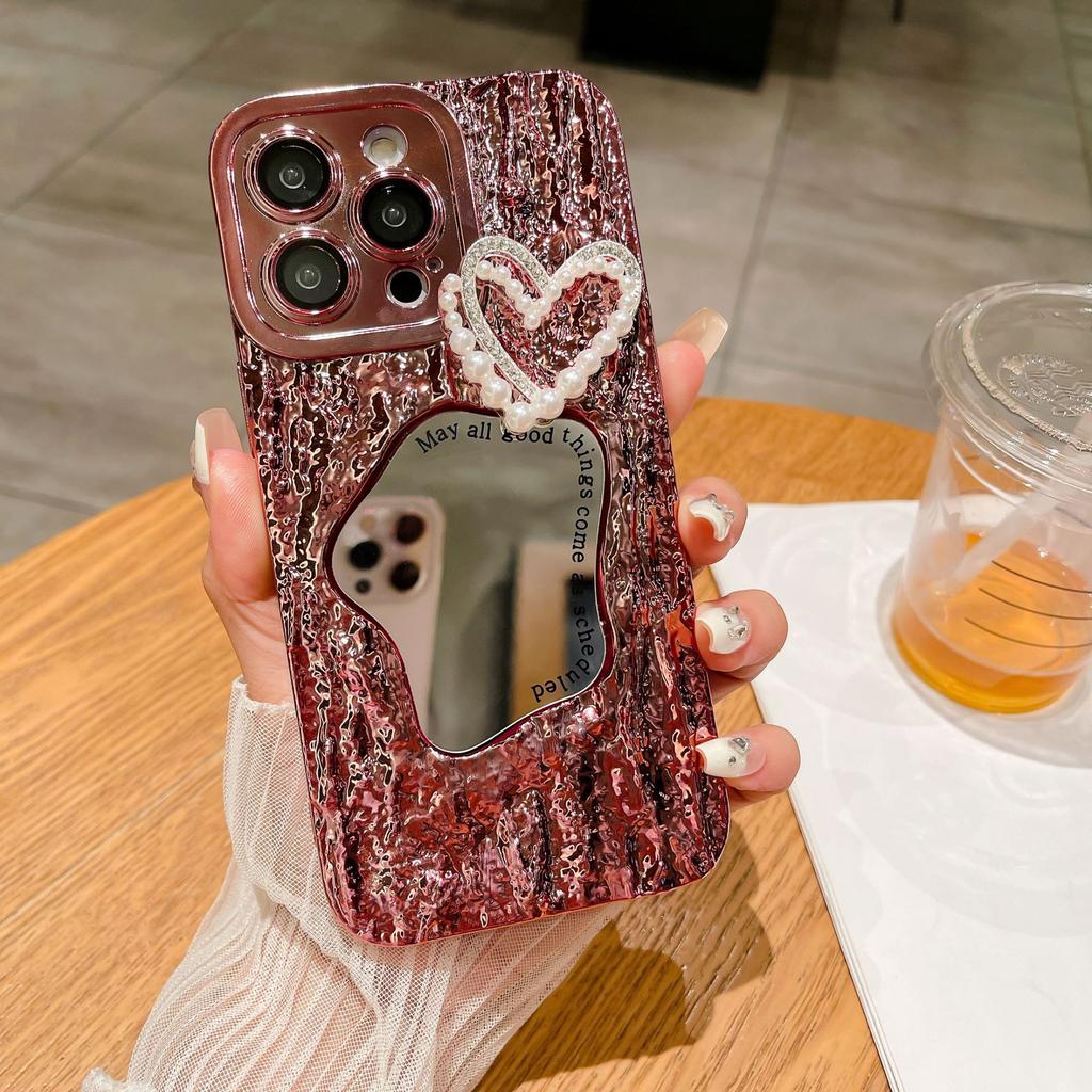 The Rock-patterned Mirror-finished Diamond-encrusted Heart-shaped Case Is Suitable for Apple 15 Phone Cases, IPhone14promax Electroplating 13
