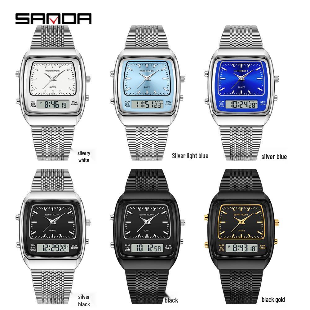 SANDA Men's Steel Band Dual Display Watch with Multi-Time Zone, Night Glow, and Waterproof Features