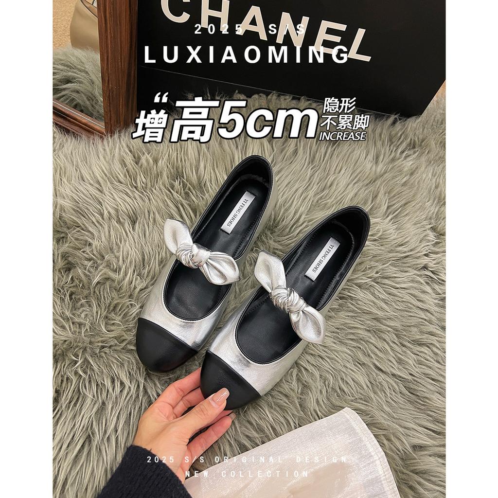 Schafsleder-Version~ Xiaoxiangfeng Mary Jane Schuhe mit runder Spitze und Schleife für Damen, neue kleine Innenhöhenerhöhung, Ballerina-Einzelschuhe für Damen