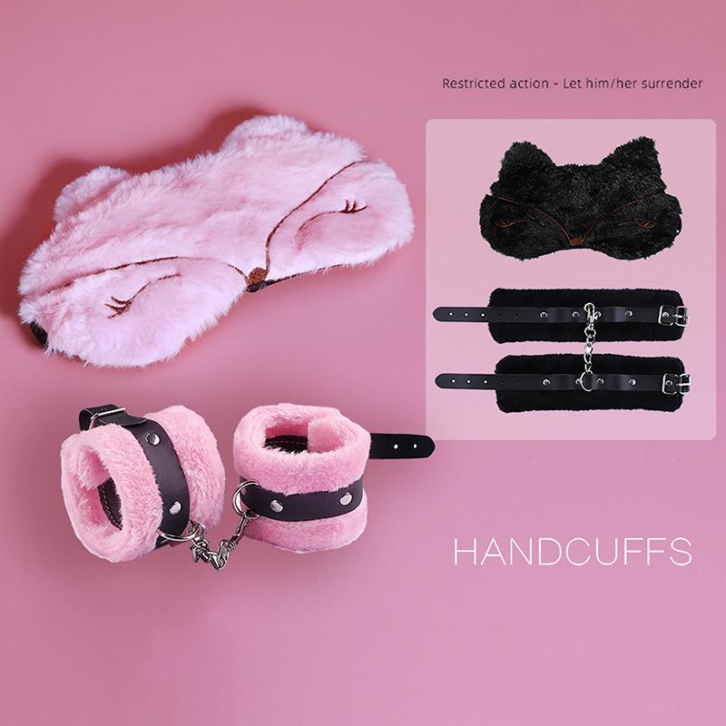 Adjustable PU Leather Plush Handcuffs Blindfold Restraints Bondage Sex Toy Accessories For Women Adults Games