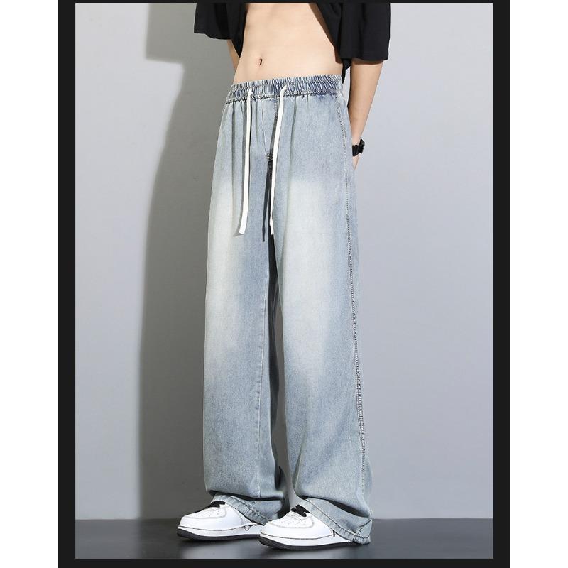 Men's Pink Blue Gradient Jeans, Casual Loose Fit Drawstring Wide Leg Denim Pants