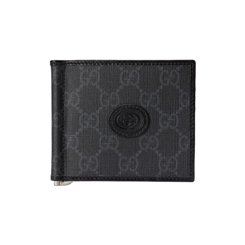 Gucci Ikonisches Muster Form ineinandergreifendes G Canvas mit Lederbesatz Canvas-Tasche Kartenhalter Geldbörse Herren Schwarz