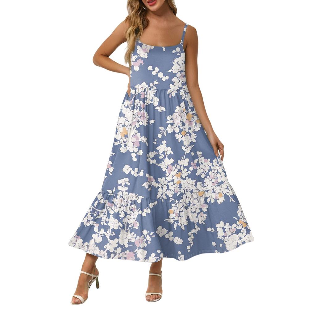 Damska Długa Plażowa Codzienna Elegancka Sukienka Maxi na Cienkich Ramiączkach, Szyta, Subtelna, Zwiewna Sukienka w Stylu Boho