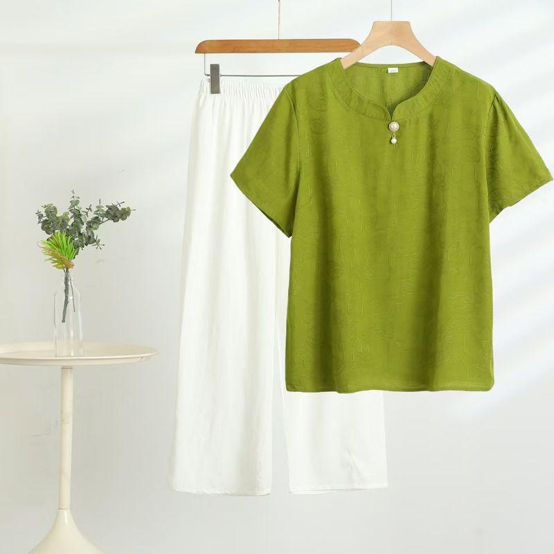 

Summer Cotton Short Sleeve Casual Suit Women s Thin T-shirt Loose Pants plus Size Outer Wear Mother s Wear Half Sleeve Two-piece Set Fruit Green 5XL((Recommendation 72.50 kg-82.50 kg)
