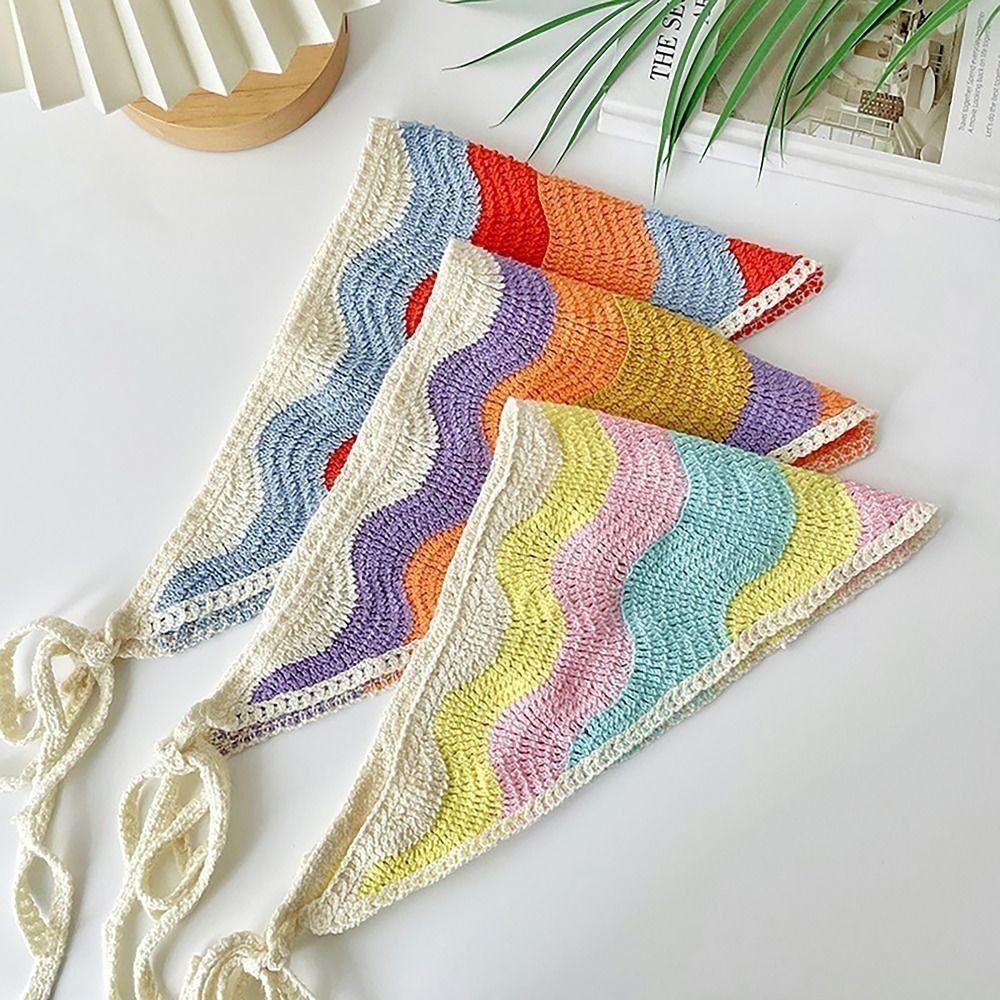 French Pastoral Style Triangle Headband Handmade Crochet Little Flower Headscarf Hat Knitted Color Contrast Girls Headband Towel