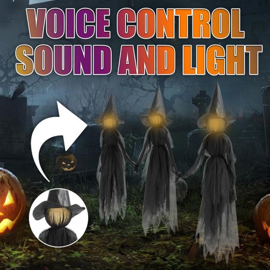 Light Up Witches Holding Hands with Stakes Sound-Activated Halloween Standing Witch Decoration with Glowing Face for Outdoor Lawn Garden Patio Decor