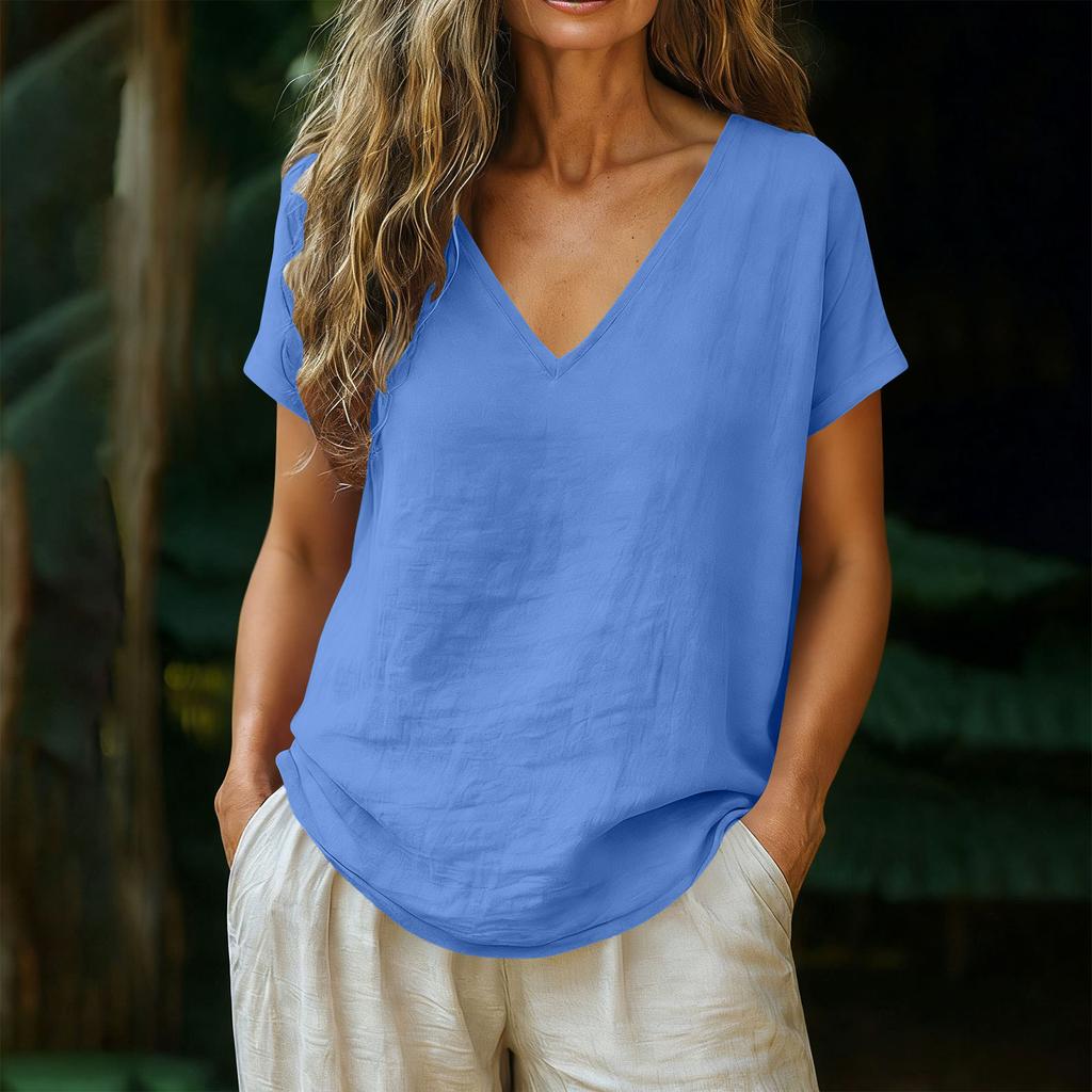 Women V Neck Short Sleeve Linen T Shirt Relaxed Fit Lightweight Casual Top for Summer Daily Wear Work Travel
