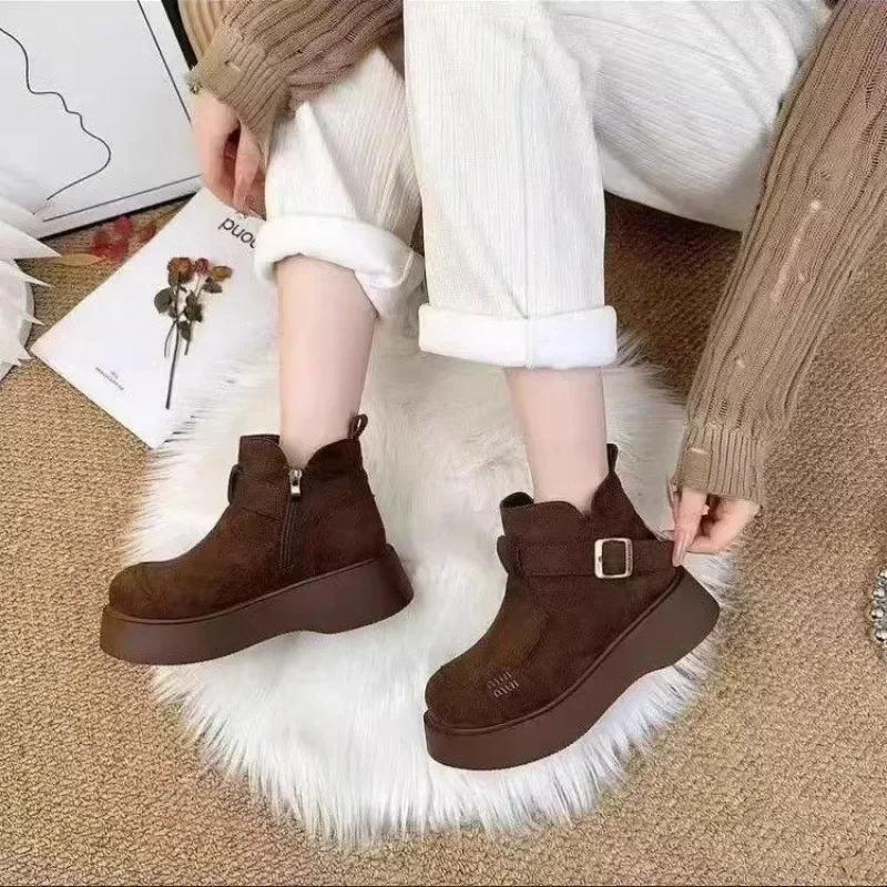 Kožešinové dámské platformové kotníkové boty semišové ploché módní boty žena 2025 trend zima návrhářské vycházkové teplé ležérní dámské sněhule