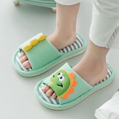 Pantuflas de lino de primavera y otoño con diseño de dinosaurio para niños y niñas, bonitas zapatillas de algodón y lino transpirables con suela gruesa y dibujos animados para padres e hijos.