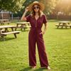 Women's V Neck Button Front Waist Belted Jumpsuit for Casual Wear