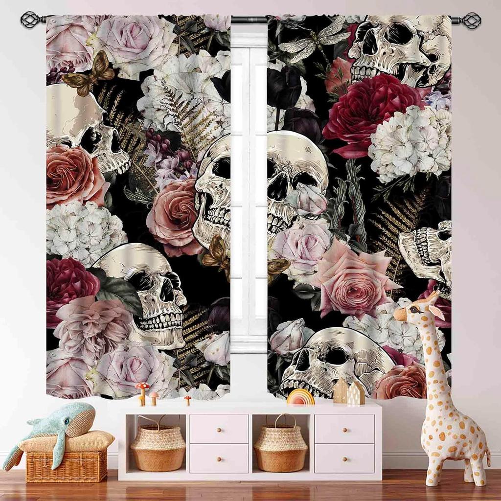 Gothic Skull Window Curtains,Boho Black Red Floral Rose Witchy Mysterious Skull Skeleton Printing Windows Drapes for Bedroom