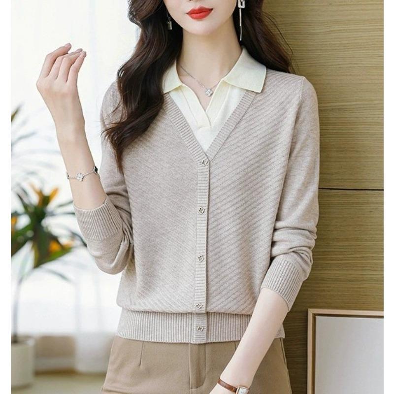 

Женский вязаный свитер-двойка, новинка весны и осени, модный универсальный топ с лацканами для ношения под низ One size