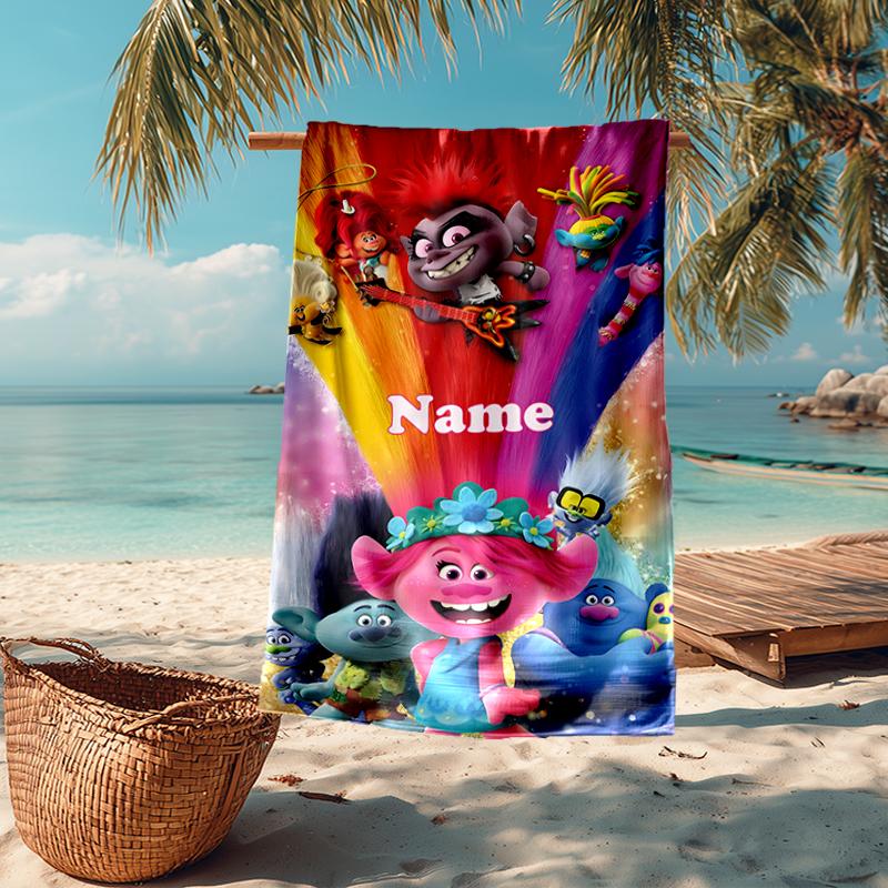 Custom Name Ultra-Soft Beach Towel with Trolls Theme,Ideal for Pool - Camping, Diving - Perfect Travel Essential, Vibrant Beach Towel.