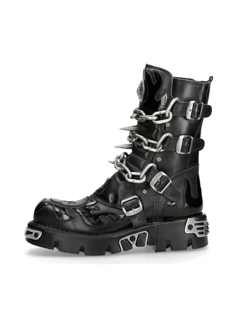 Fashion New Men's Punk Motorcycle Boots Metal Thick Heel Goth Skull Buckle Mid- Calf Combat Boots Zipper Round Toe Women Western Boots