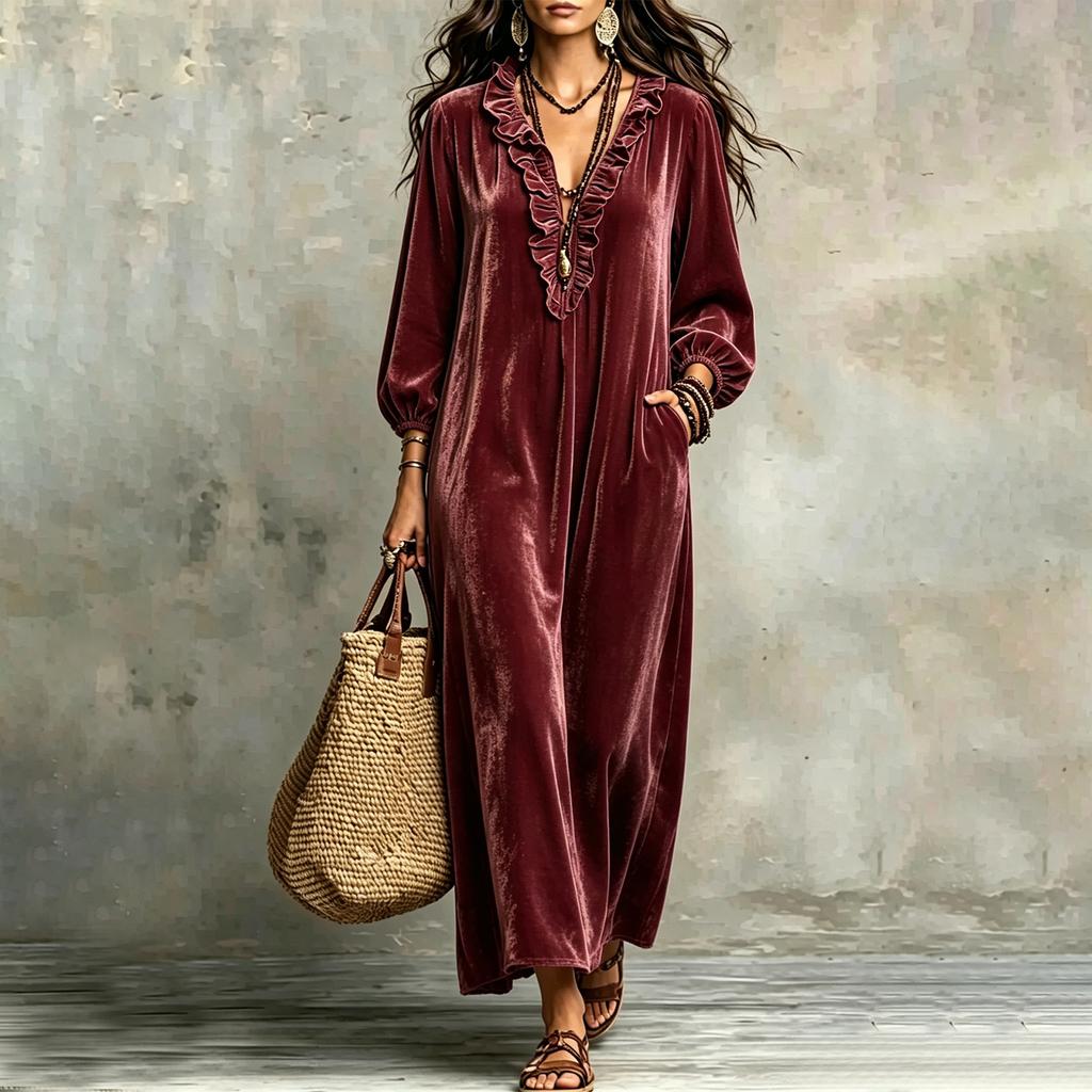 Women's Bohemian V-Neck Long Sleeve Maxi Dress with Sleeves and Loose Fit for Casual Wear