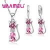 Real Zinc Alloy Sterling Zinc Alloy Color Zircon Sets for Woman Girls Shining Austrian Crystal Cute Cat Pendant Necklace Huggie Earring