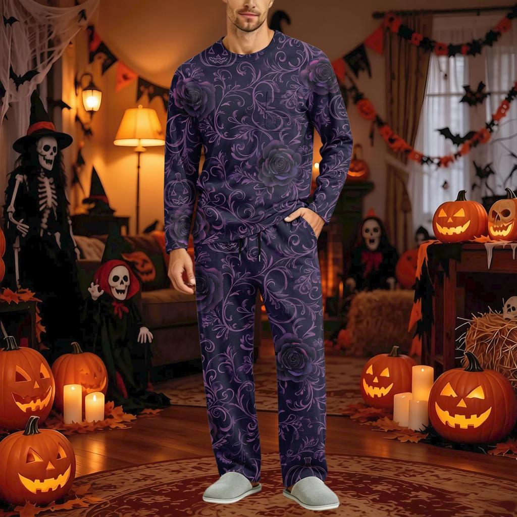 Men's Halloween Pajama Set Long Sleeve with Button Fly and Elastic Waist Drawstring for Sleepwear