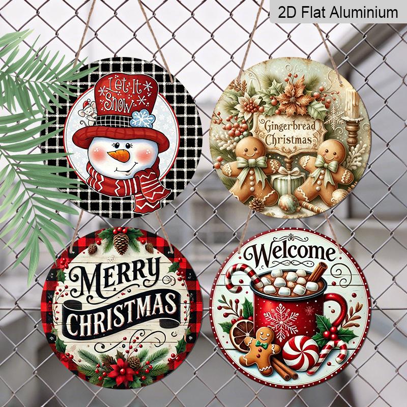 2D Flat, 4pcs Round Aluminum Hanging Sign Set, Vintage Warm Xmas Metal Door Plaque Combo, Farmhouse Porch Yard Balcony Kitchen Home Xmas Wall Decor