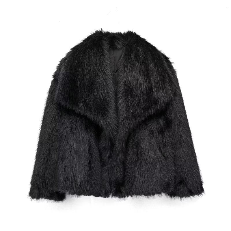 Women's Fall Winter Faux Fox Fur Jacket Fashionable Turn-down Collar Coat Luxurious Cozy Solid Color Overcoat