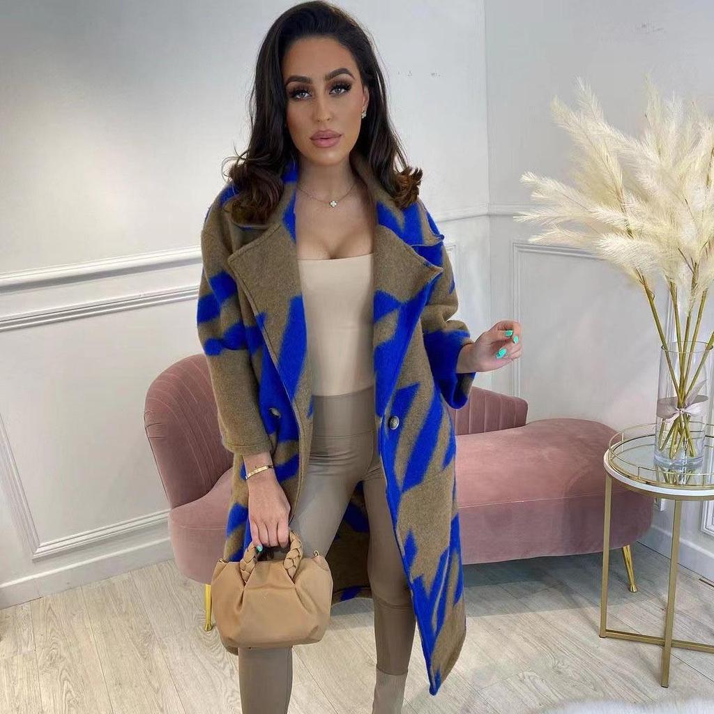 2025 European & American Autumn Women's Long-Sleeve Printed Woolen Coat with Colorful Lapel