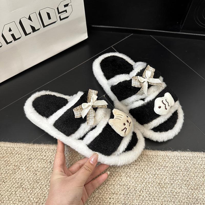 Cute kitten fish thick-soled fluffy slippers girl 2025 autumn fashion outer wear thick-soled bow cotton slippers woman