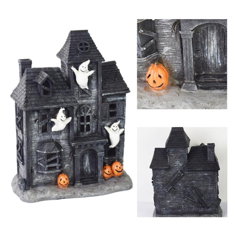 Halloween Light-Up House Ornament, Resin Building with White Figures and Gourd Motifs for Seasonal Display Scenes