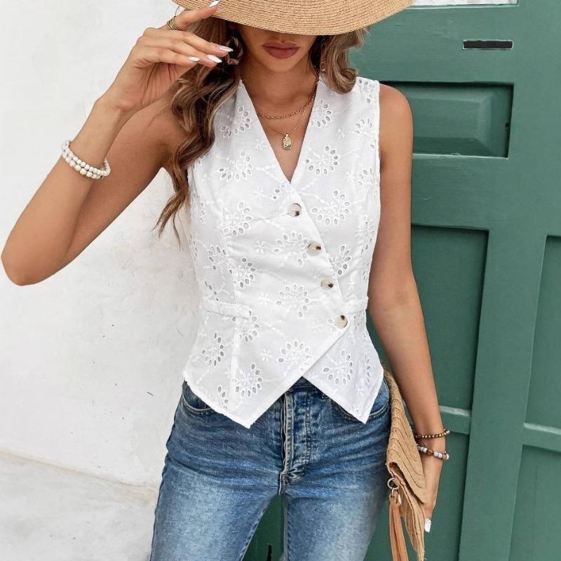 Moda Camisa de Encaje sin Mangas con Cuello en V Chaleco Cardigan Ajustado Color Sólido Gancho Flor Hueca Encaje Dulce Top Elegante Blanco Irregular Casual Ropa Sencilla